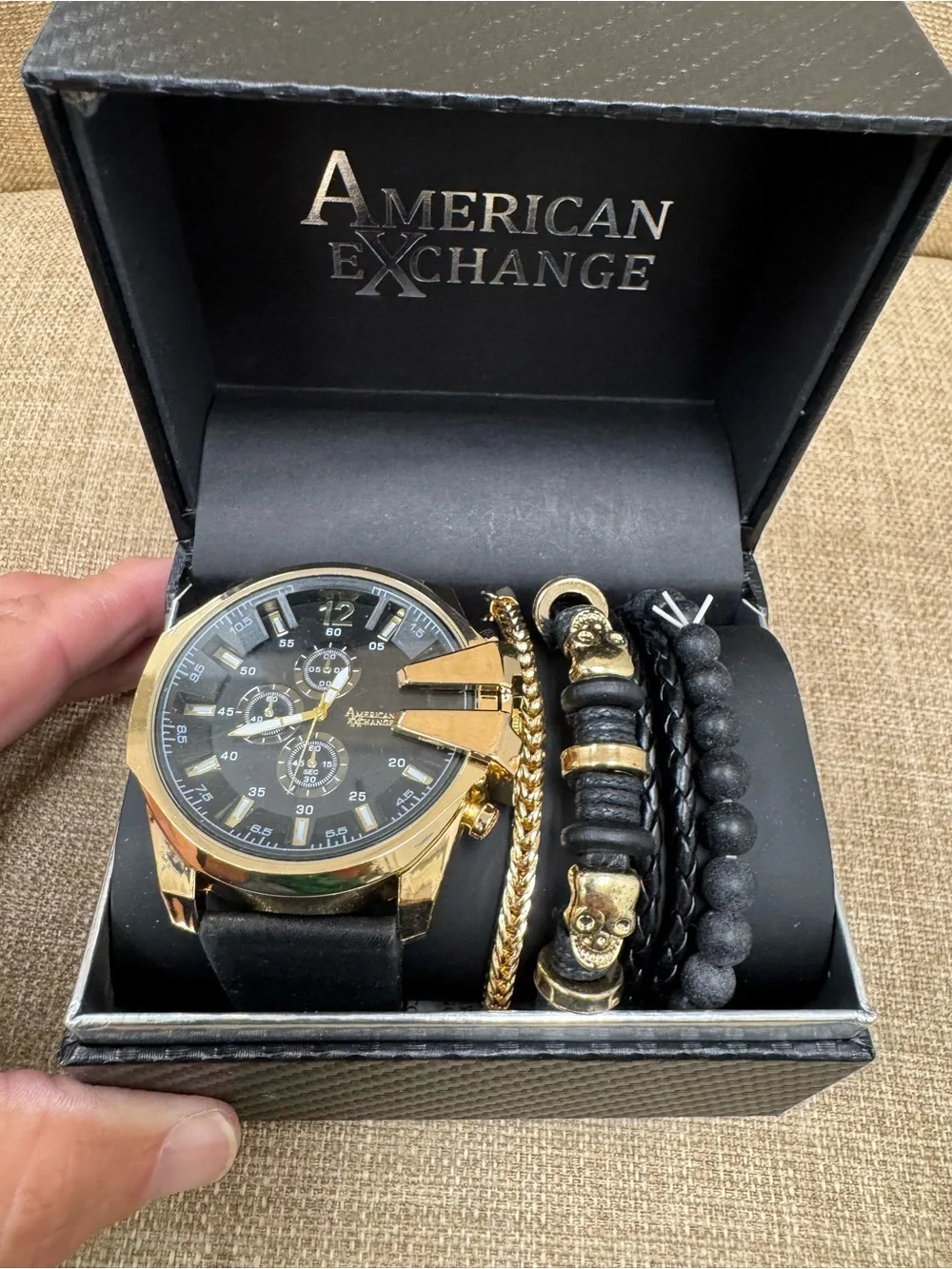 American Exchange Men's 5-Piece Watch & Bracelet Set Black/Gold Skull